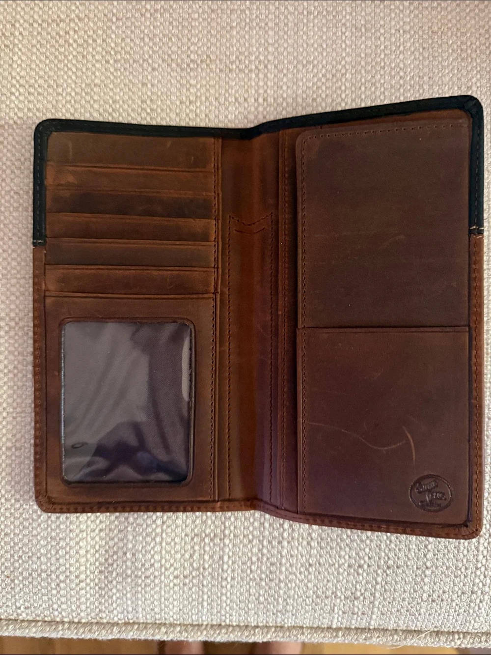Brown Leather Bifold Checkbook Wallet with Black Accents